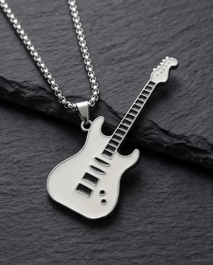 White Enamel Electric Guitar Pendant Silver Box Chain Necklace