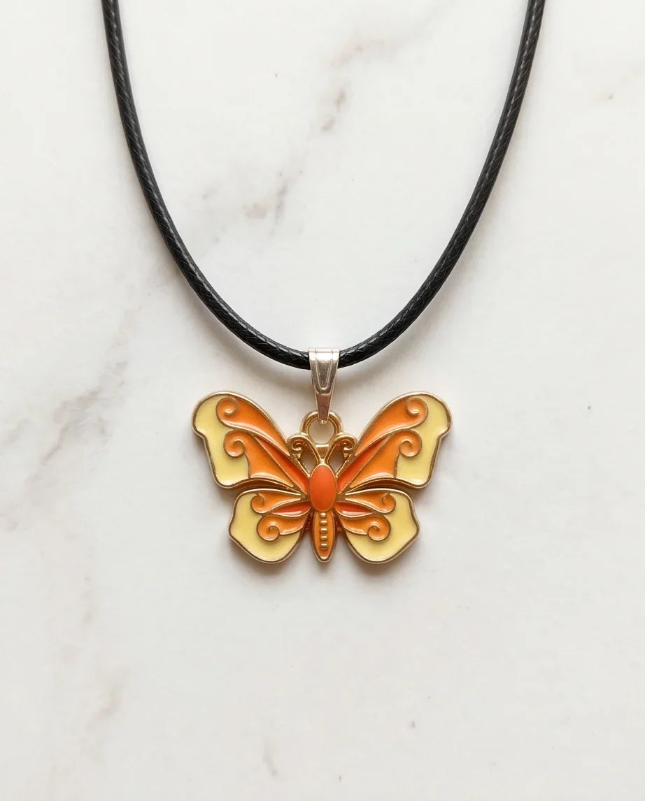 Orange & Yellow Enamel Butterfly Pendant Necklace