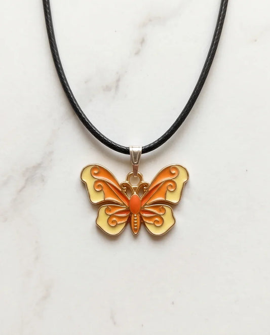 Orange & Yellow Enamel Butterfly Pendant Necklace