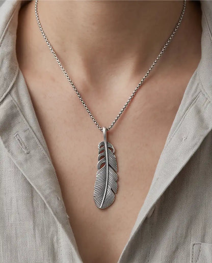 Antiqued Feather Blade Pendant Box Chain