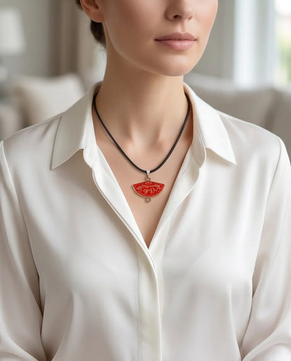 Crimson Calligraphy Fan Pendant Necklace