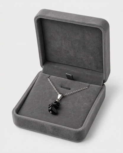Silver Stacked Raw Black Obsidian Chip Stone Pendant Necklace
