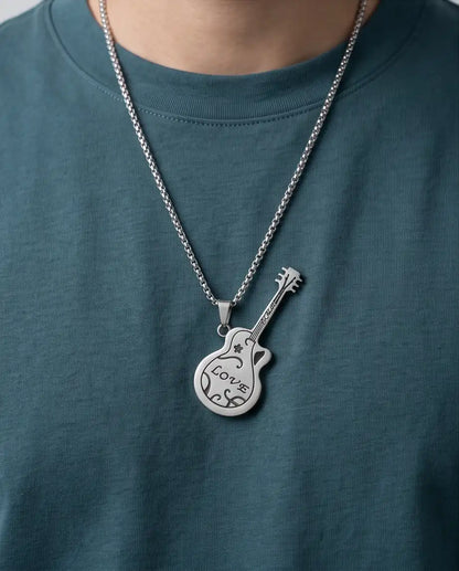 Engraved "Love" Acoustic Guitar Pendant Silver Box Chain Necklace