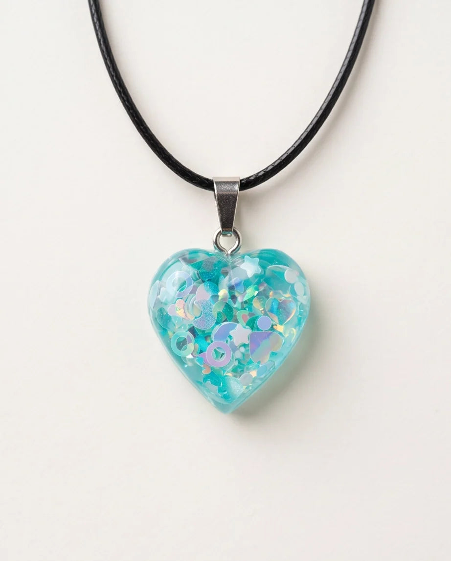 Silver Light Blue Glitter Heart Resin Pendant Necklace