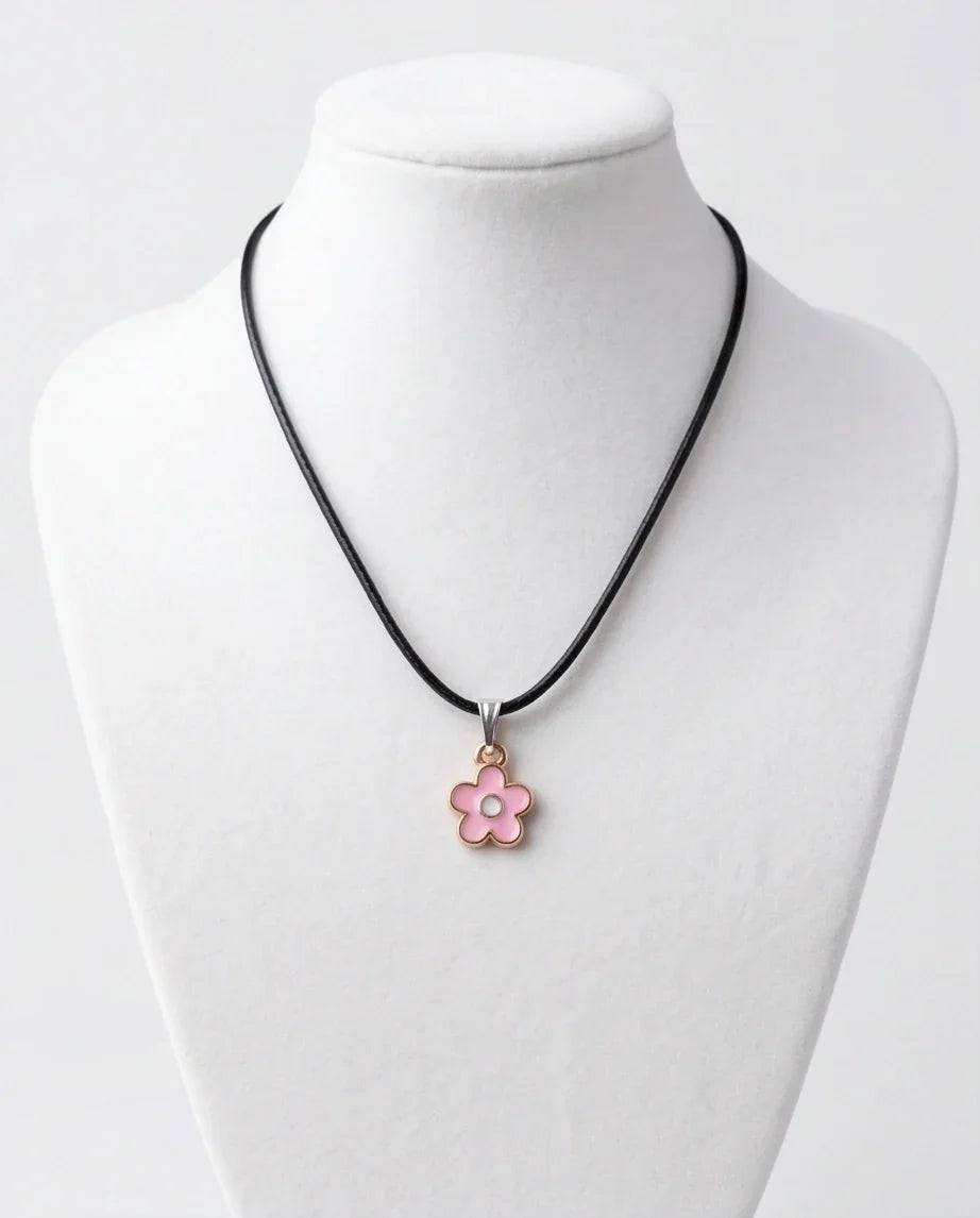 Dainty Pink Five-Petal Flower Enamel Pendant Necklace