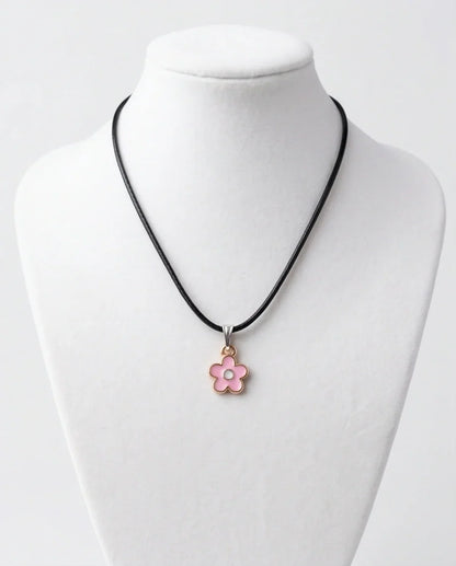 Dainty Pink Five-Petal Flower Enamel Pendant Necklace