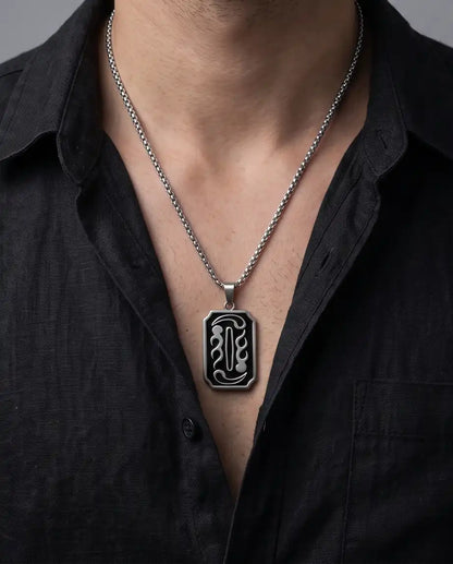 Moon Phase Abstract Calligraphy Tag Silver Box Chain Necklace
