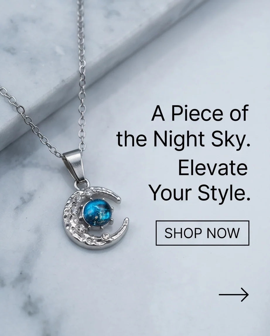 Silver Hammered Crescent Moon Galaxy Stone Pendant Necklace