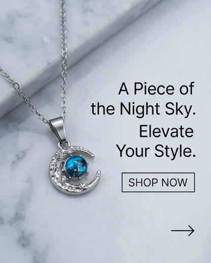 Silver Hammered Crescent Moon Galaxy Stone Pendant Necklace