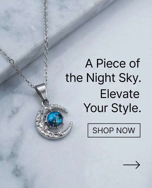 Silver Hammered Crescent Moon Galaxy Stone Pendant Necklace