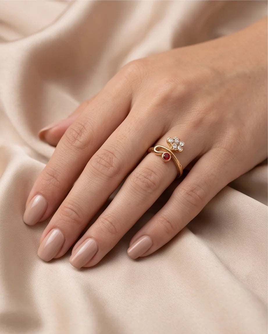Crystal Flower & Ruby Accent Bow Ring
