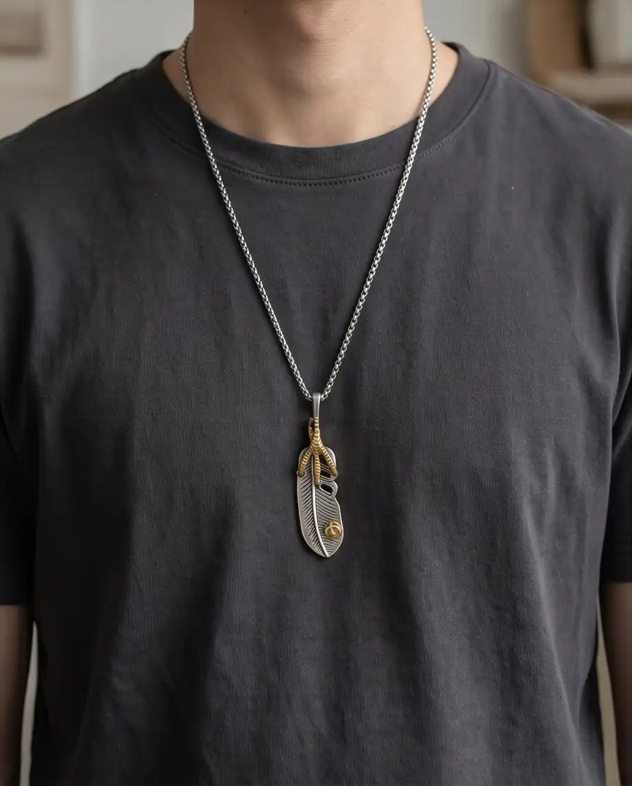 Two-Tone Eagle Claw Feather Pendant Silver Box Chain Necklace