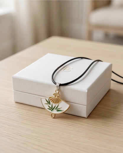White Enamel Bamboo Fan Pendant Necklace
