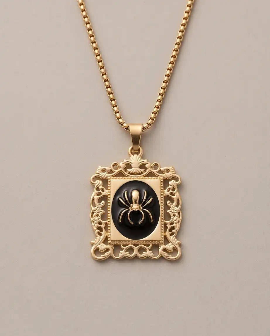 Ornate Golden Spider Filigree Cameo Pendant Box Chain