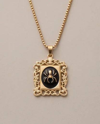 Ornate Golden Spider Filigree Cameo Pendant Box Chain