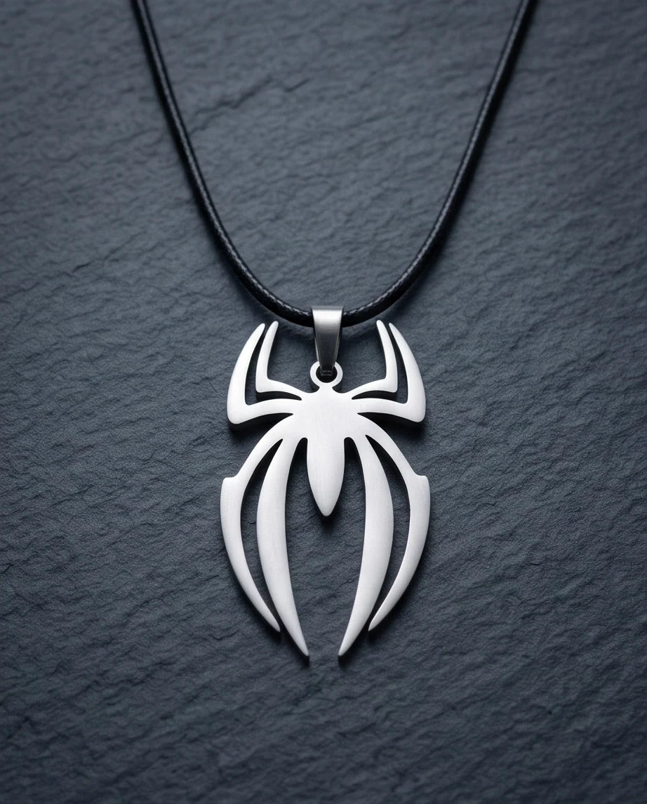 Silver Tribal Spider Emblem Pendant Necklace