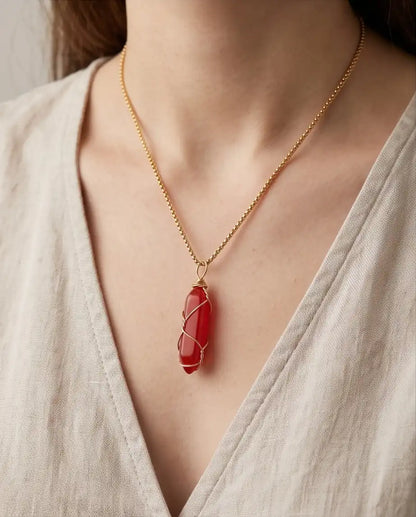 Wire-Wrapped Red Crystal Point Pendant Box Chain