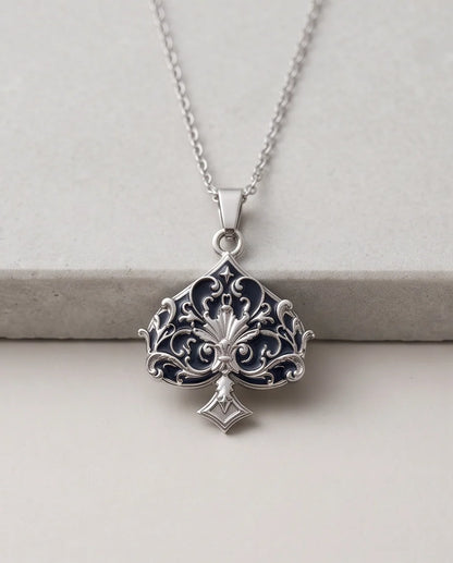 Silver Filigree Ace of Spades Pendant Necklace