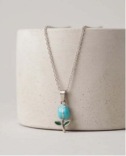 Silver Light Blue Enamel Tulip Pendant Necklace
