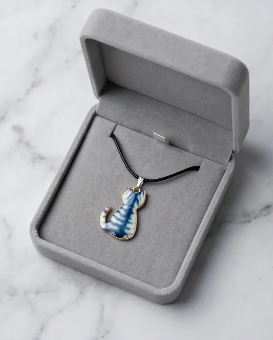 Artistic Blue Watercolor Feline Silhouette Pendant Necklace