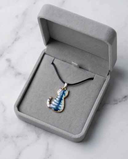 Artistic Blue Watercolor Feline Silhouette Pendant Necklace