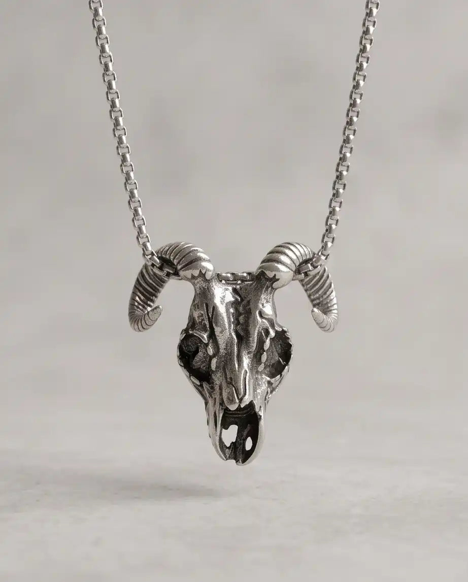 Gothic Ram Skull Pendant Silver Box Chain Necklace