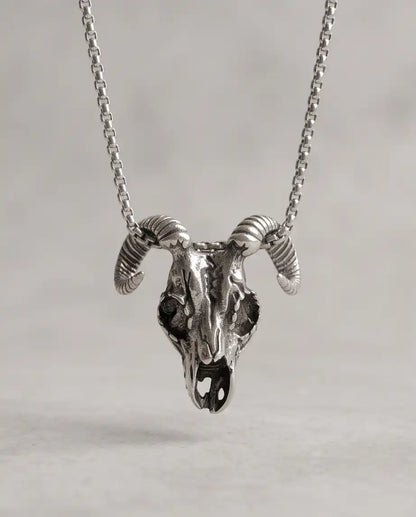 Gothic Ram Skull Pendant Silver Box Chain Necklace