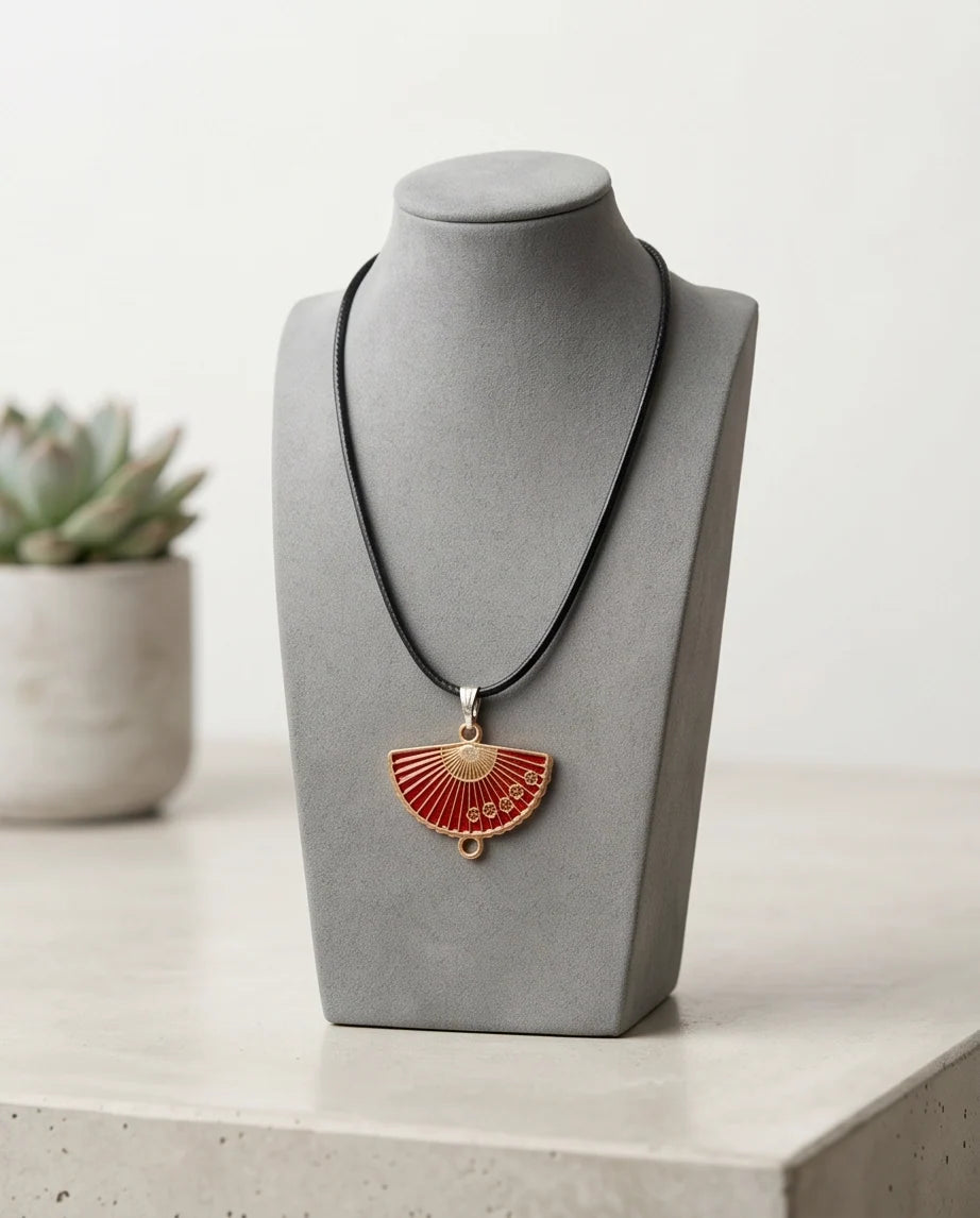Crimson Sakura Fan Pendant Necklace