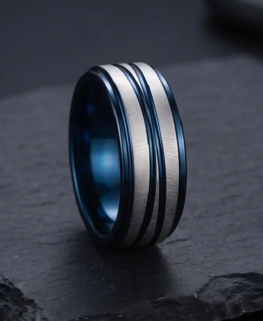 Two-Tone Brushed Silver and Blue Grooved Band Ring