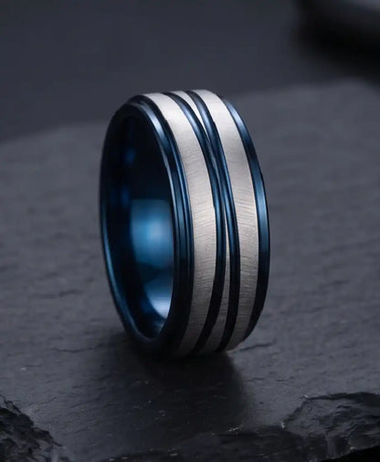 Two-Tone Brushed Silver and Blue Grooved Band Ring