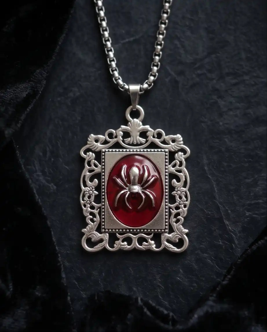 Gothic Red Enamel Spider Filigree Pendant Box Chain