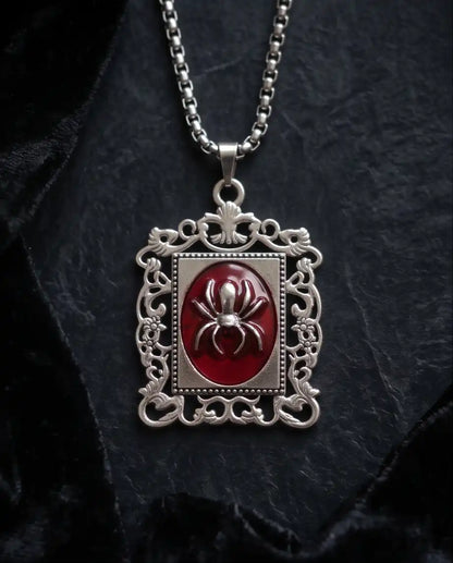 Gothic Red Enamel Spider Filigree Pendant Box Chain