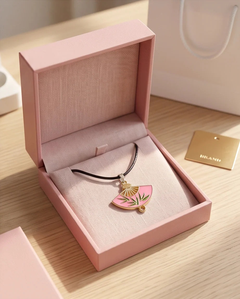 Pink Enamel Bamboo Fan Pendant Necklace