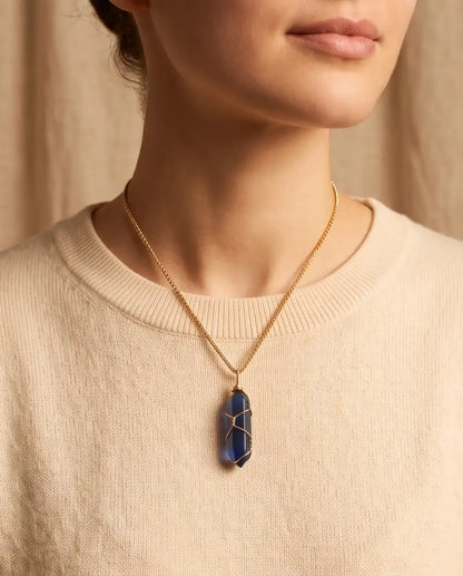 Wire-Wrapped Deep Blue Crystal Point Pendant Box Chain