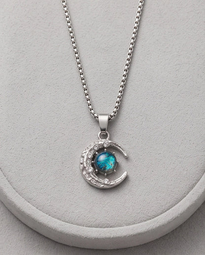 Silver Hammered Crescent Moon Galaxy Stone Pendant Necklace