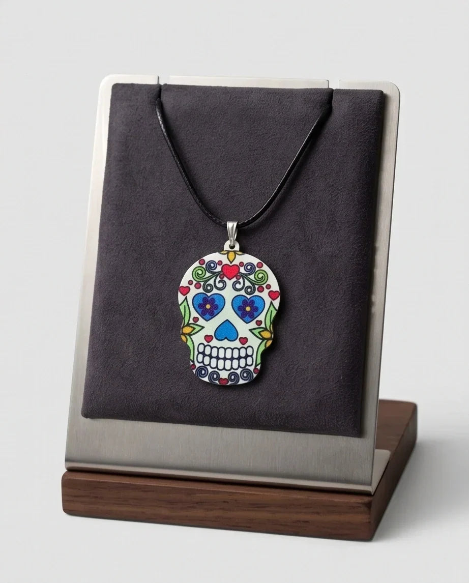 Vibrant White Sugar Skull Día de los Muertos Pendant Necklace