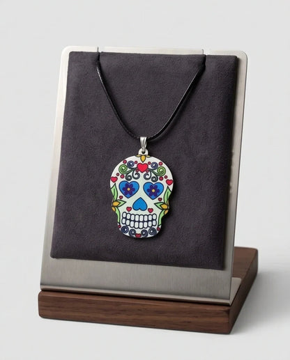 Vibrant White Sugar Skull Día de los Muertos Pendant Necklace
