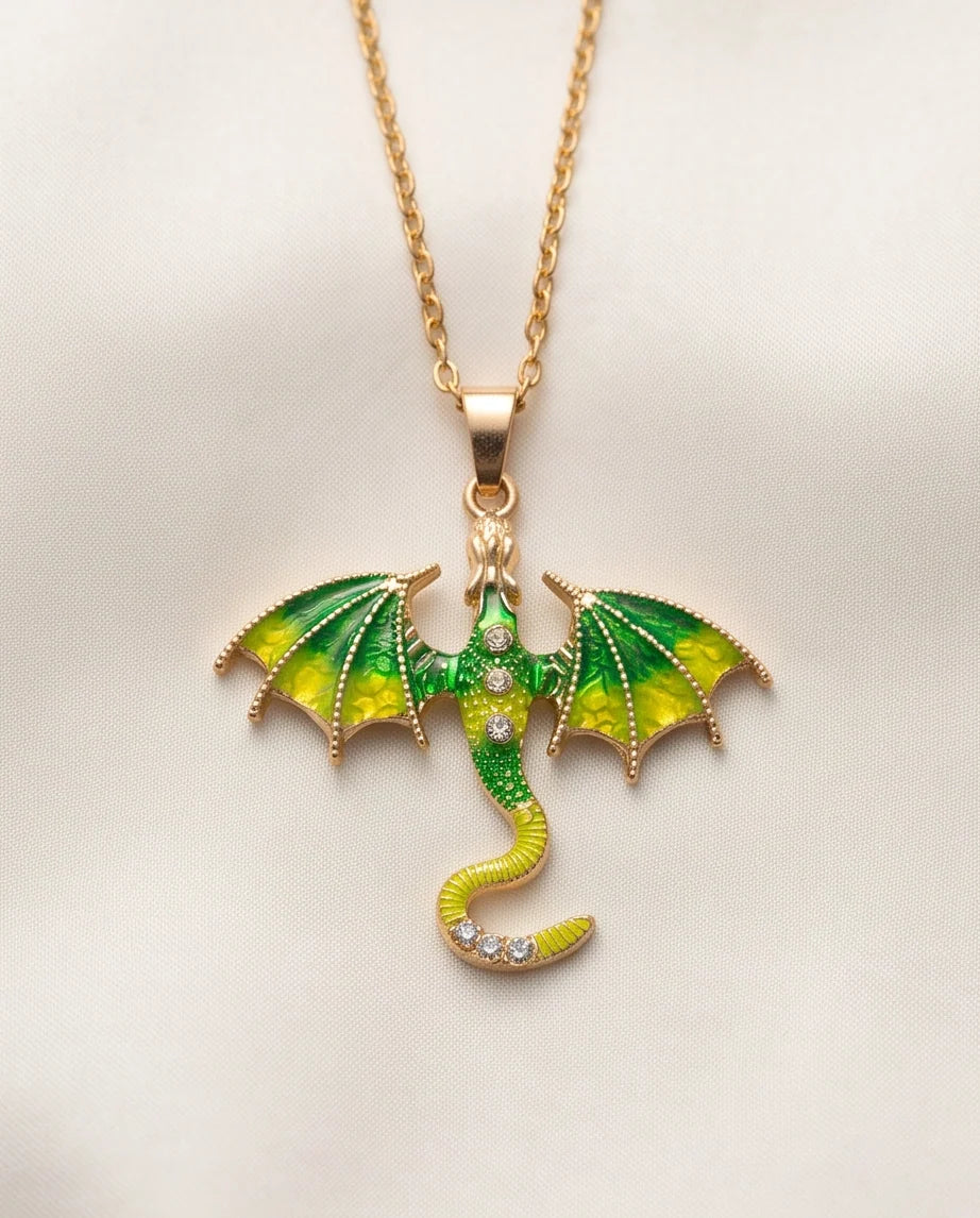 Gold Green Enamel Dragon Wyvern Pendant Necklace