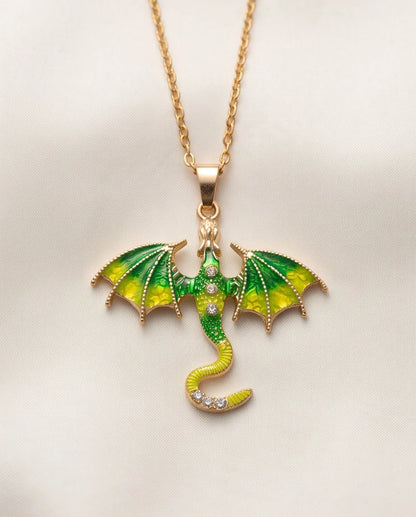 Gold Green Enamel Dragon Wyvern Pendant Necklace