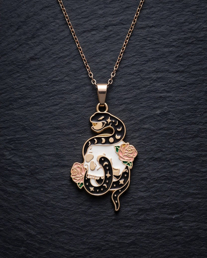 Gold Snake, Skull & Rose Enamel Pendant Necklace