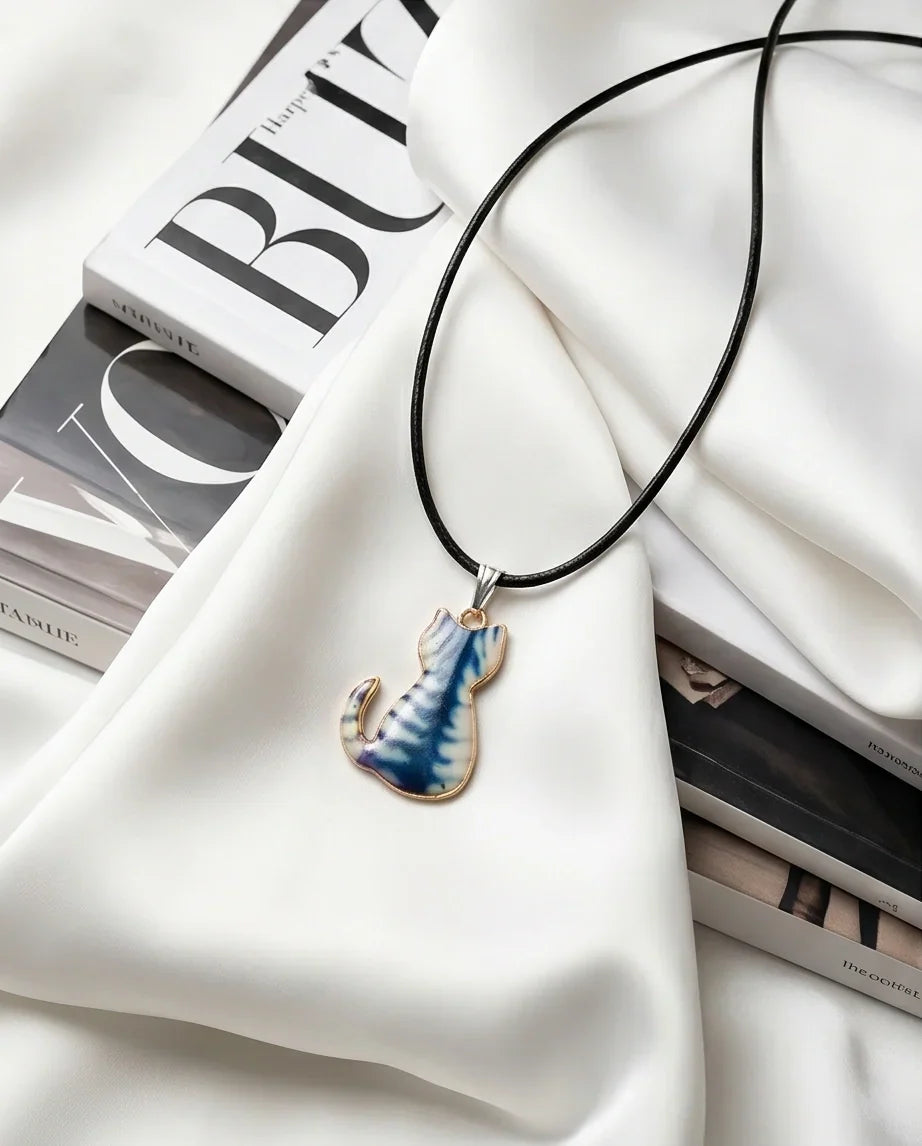 Artistic Blue Watercolor Feline Silhouette Pendant Necklace