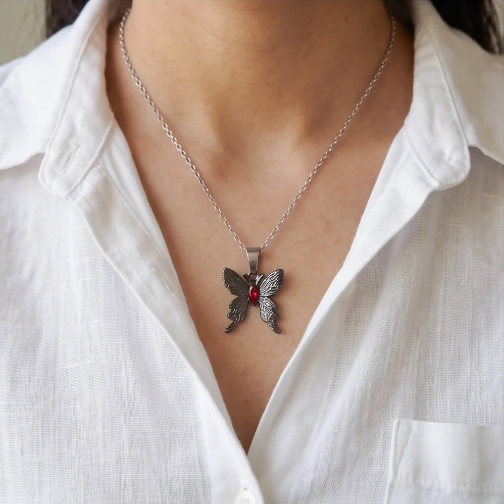 Black Textured Butterfly Red Gem Pendant Necklace