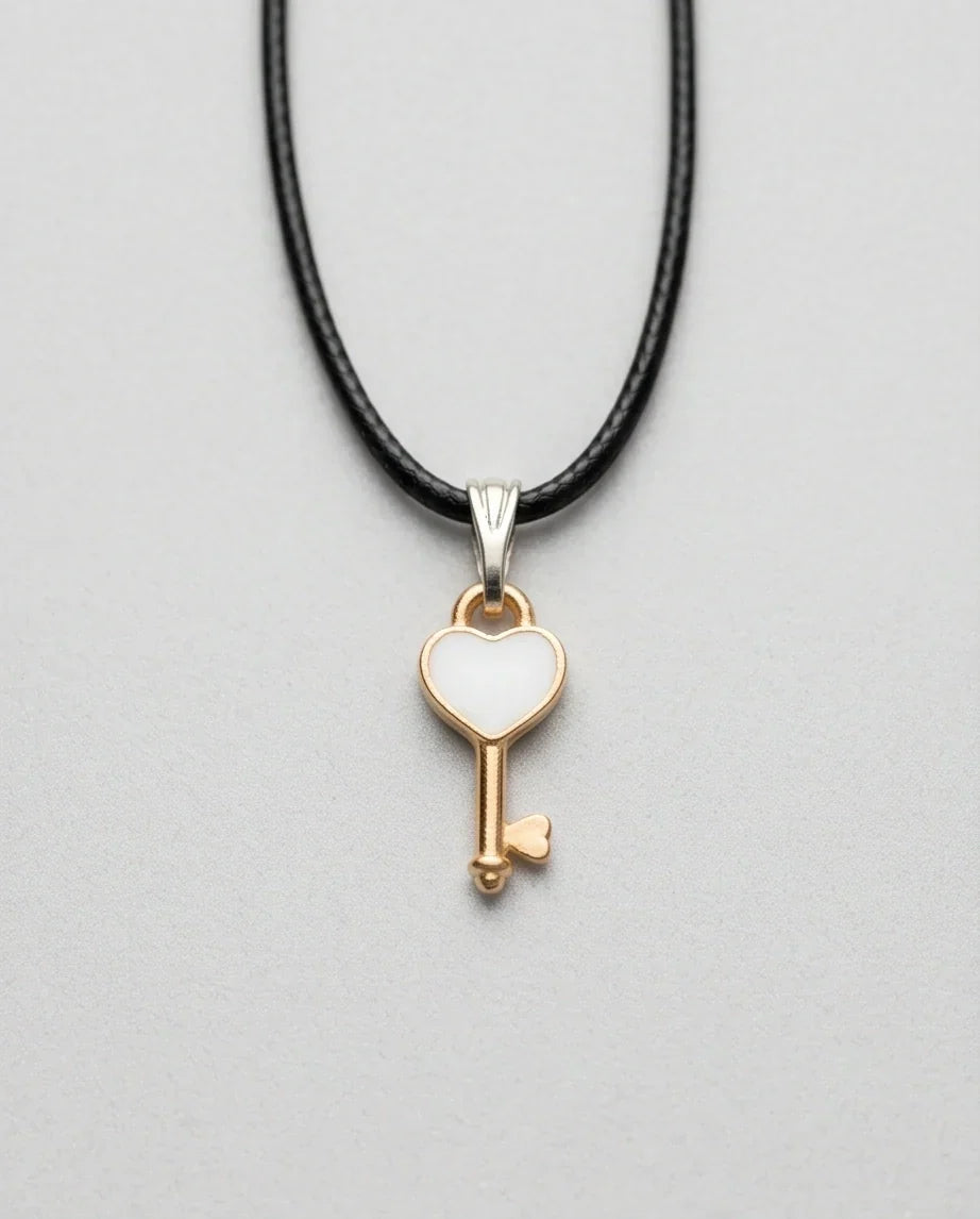 Gold and White Heart Key Pendant Necklace