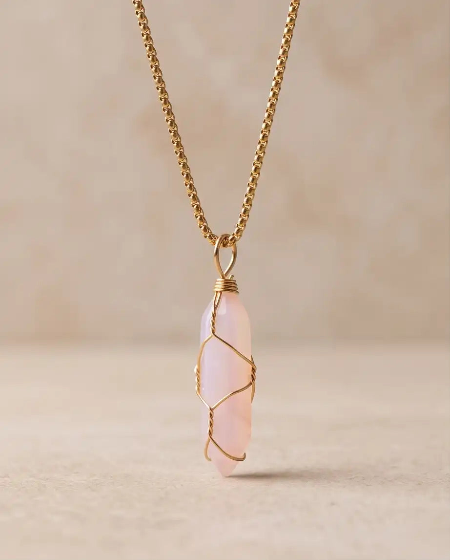 Wire-Wrapped Soft Pink Quartz Crystal Point Pendant Bead Chain