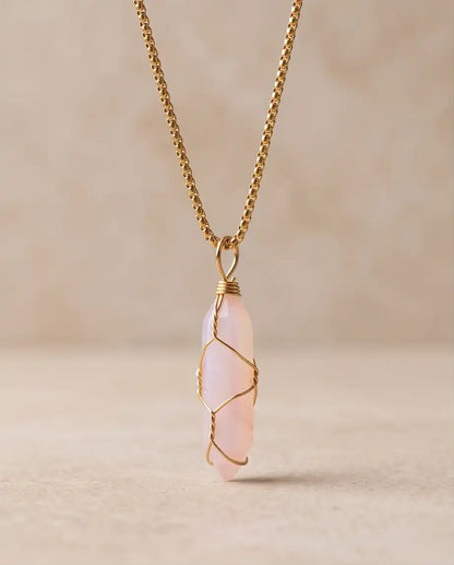 Wire-Wrapped Soft Pink Quartz Crystal Point Pendant Bead Chain