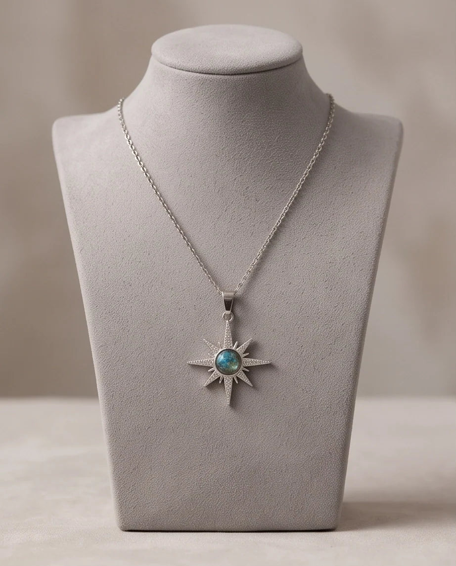 Silver Crystal Paved North Star Cosmic Orb Pendant Necklace