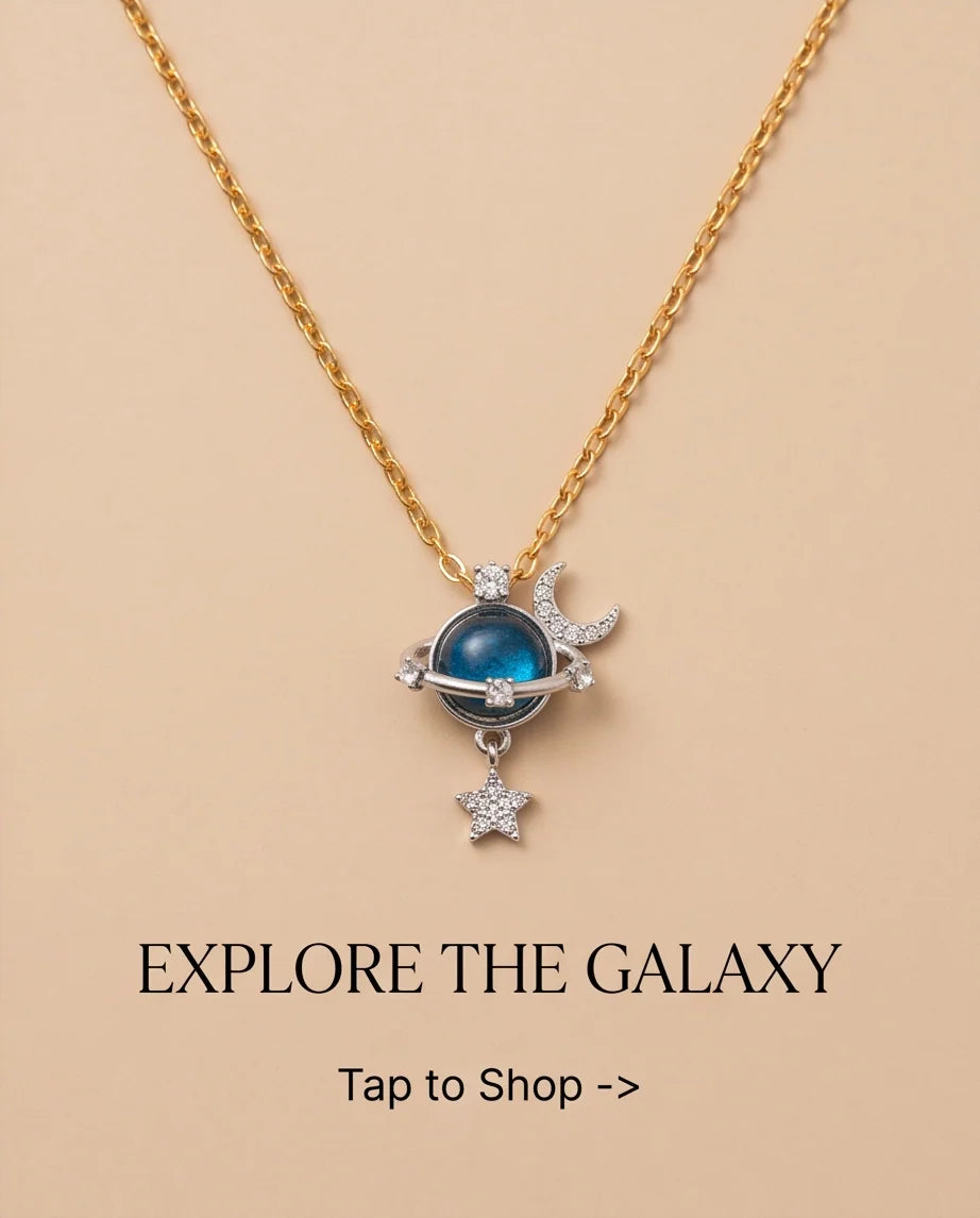 Silver Cosmic Planet Crescent Moon & Star Dangle Pendant Necklace