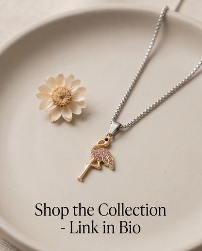 Gold Pink Crystal Paved Flamingo Pendant Necklace