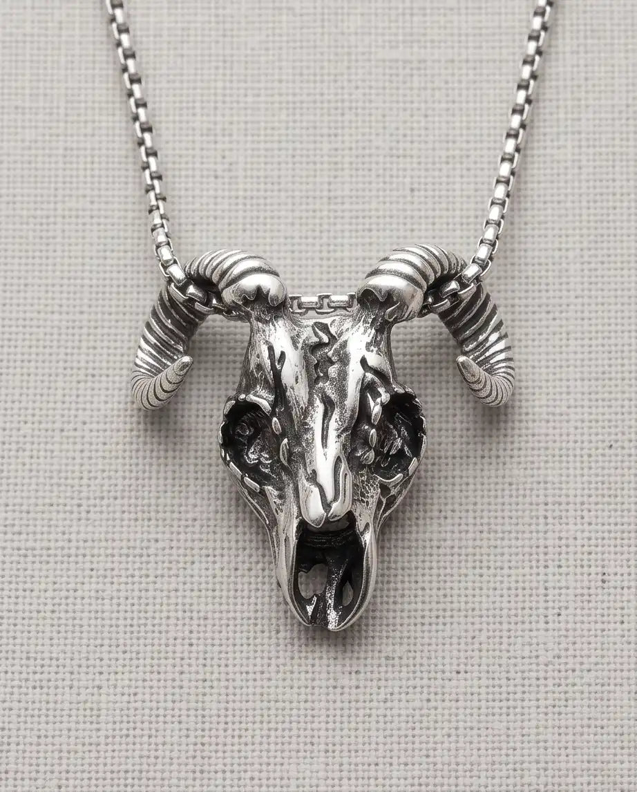 Gothic Ram Skull Pendant Silver Box Chain Necklace