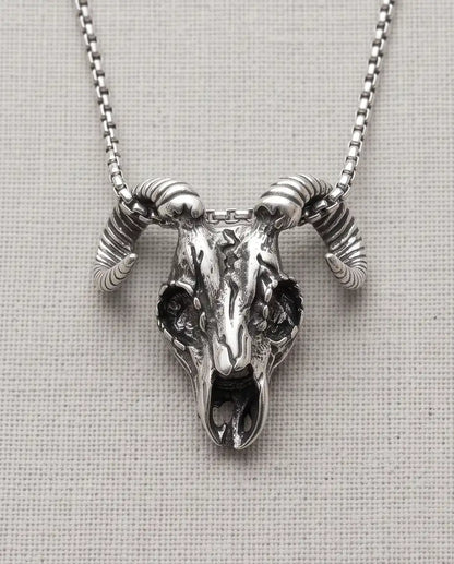 Gothic Ram Skull Pendant Silver Box Chain Necklace